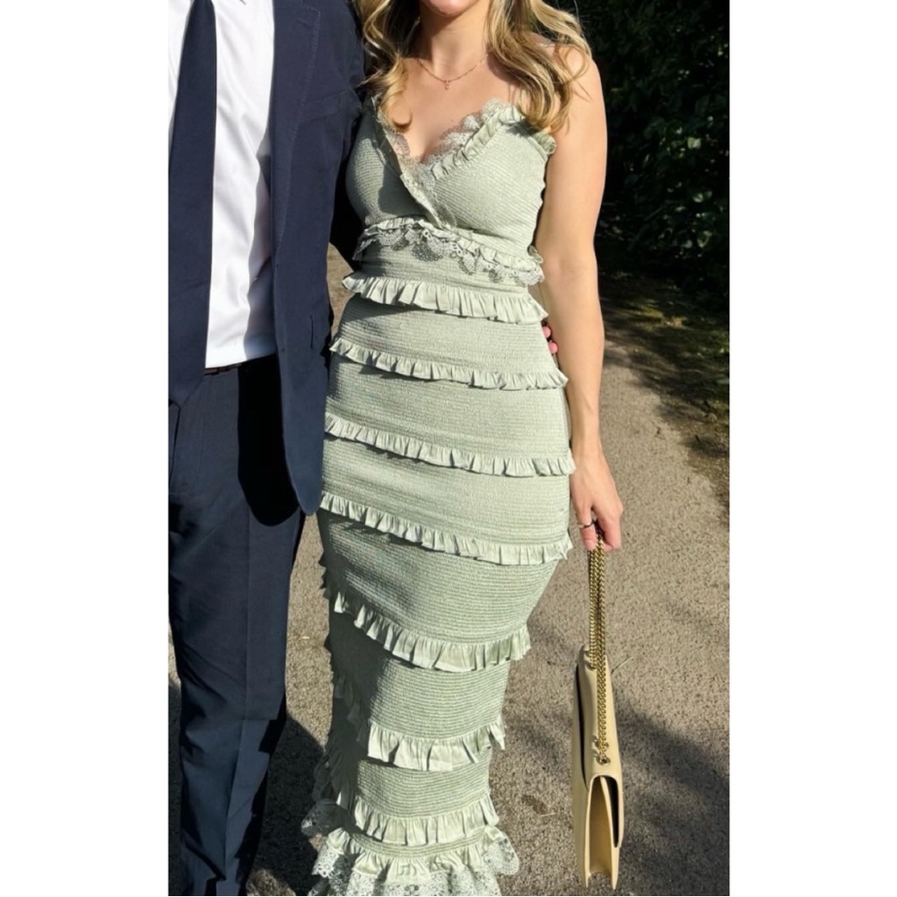 V. Chapman Narcisse Smocked Ruffle Midi Dress in Sage